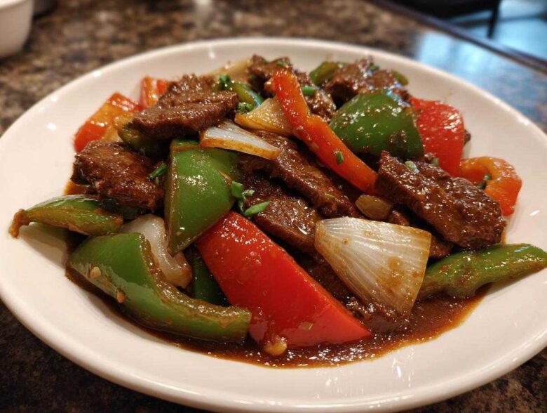 A close-up of vibrant Chinese pepper steak featuring tender beef strips, green and red bell peppers, and onions in a rich brown sauce.