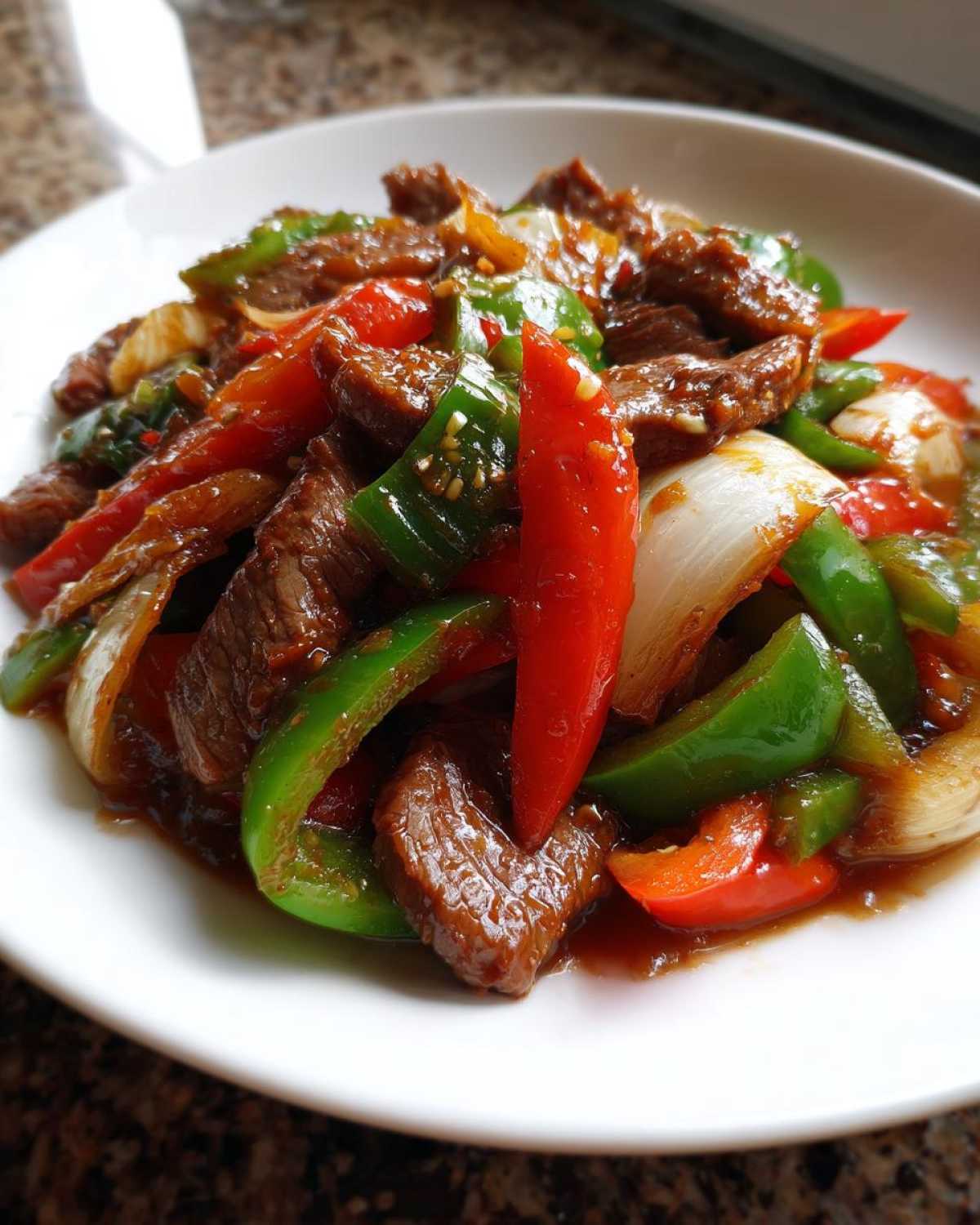 A close-up serving of colorful Chinese pepper steak featuring tender beef strips, green and red bell peppers, and onions coated in a savory brown sauce.