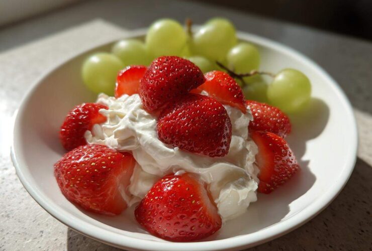 A white bowl filled with cream cheese fruit dip topped with fresh strawberries and green grapes.