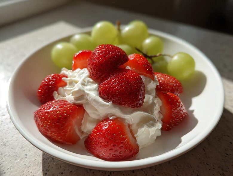 A white bowl filled with cream cheese fruit dip topped with fresh strawberries and green grapes.