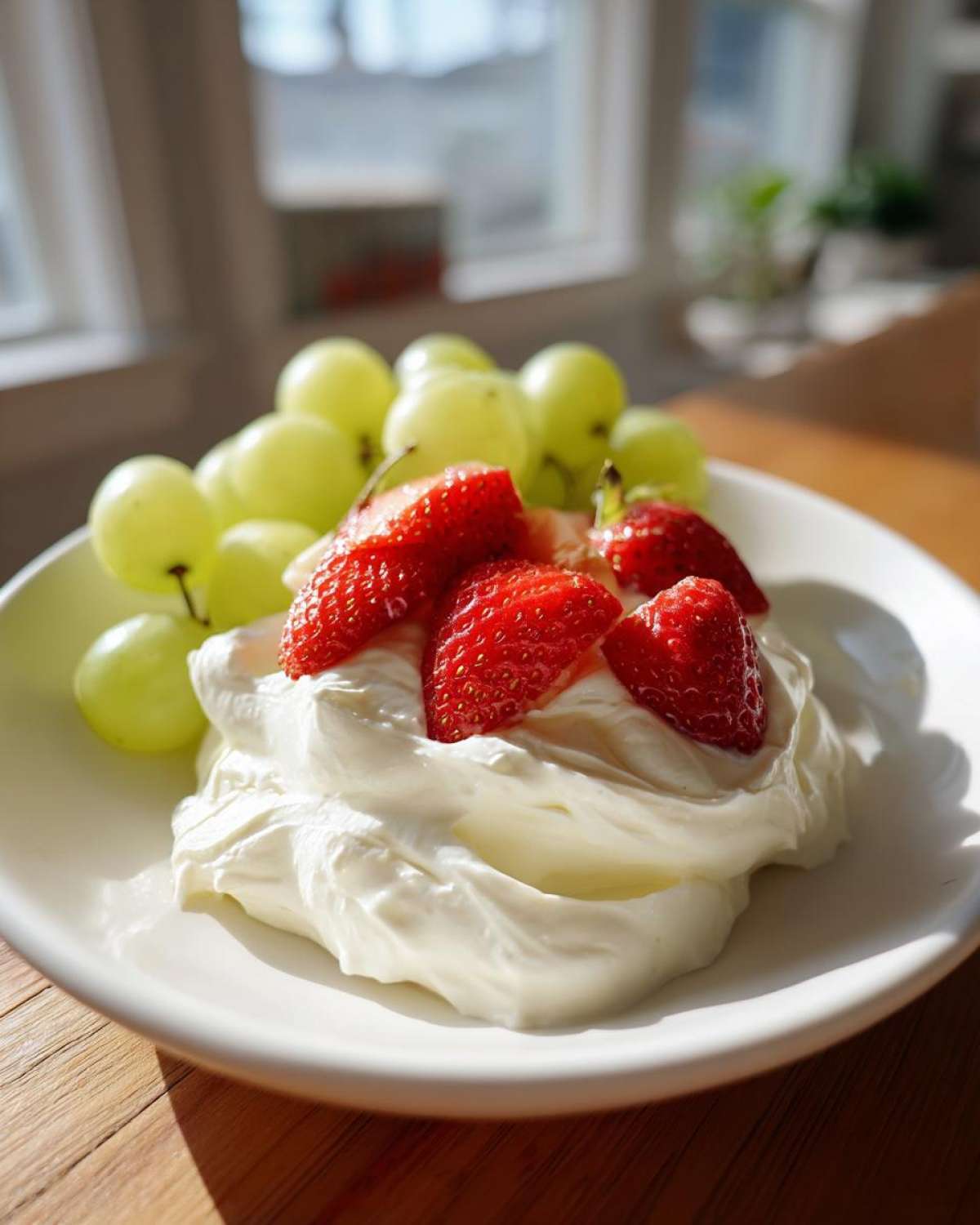 A serving of creamy fruit dip topped with fresh strawberries, served alongside green grapes.