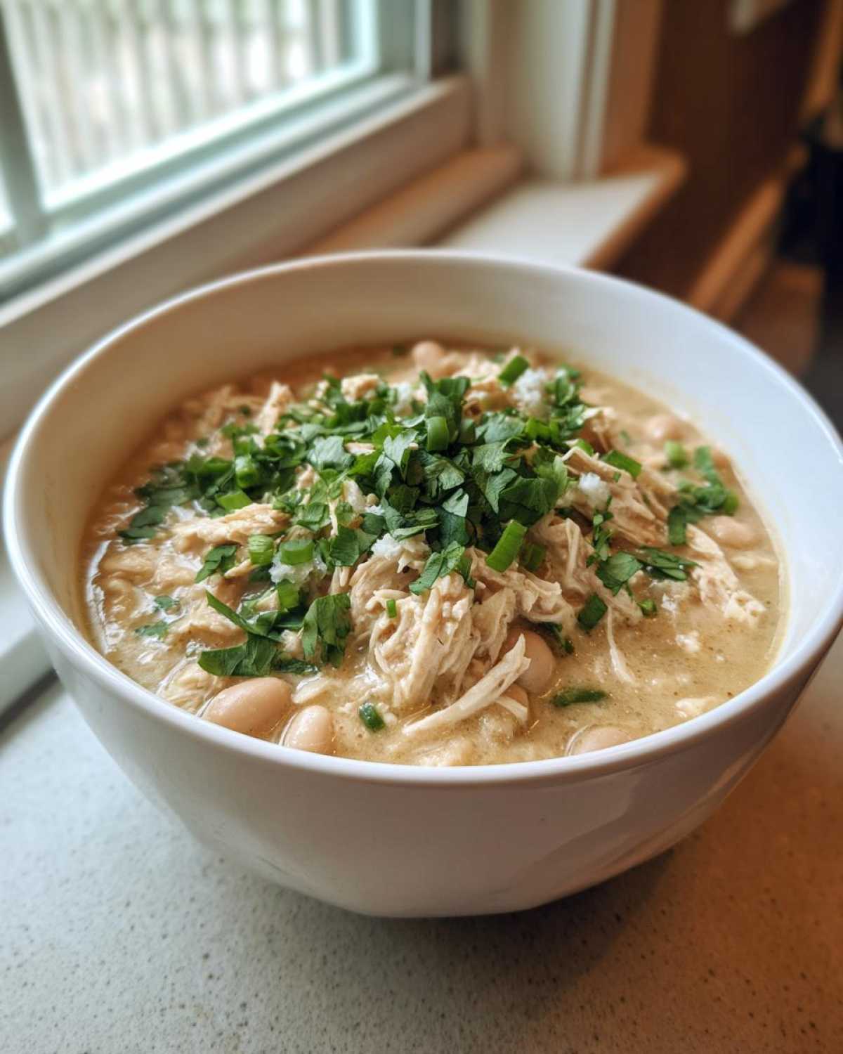 A white bowl filled with creamy white chicken chili, shredded chicken, white beans, and topped generously with fresh cilantro.