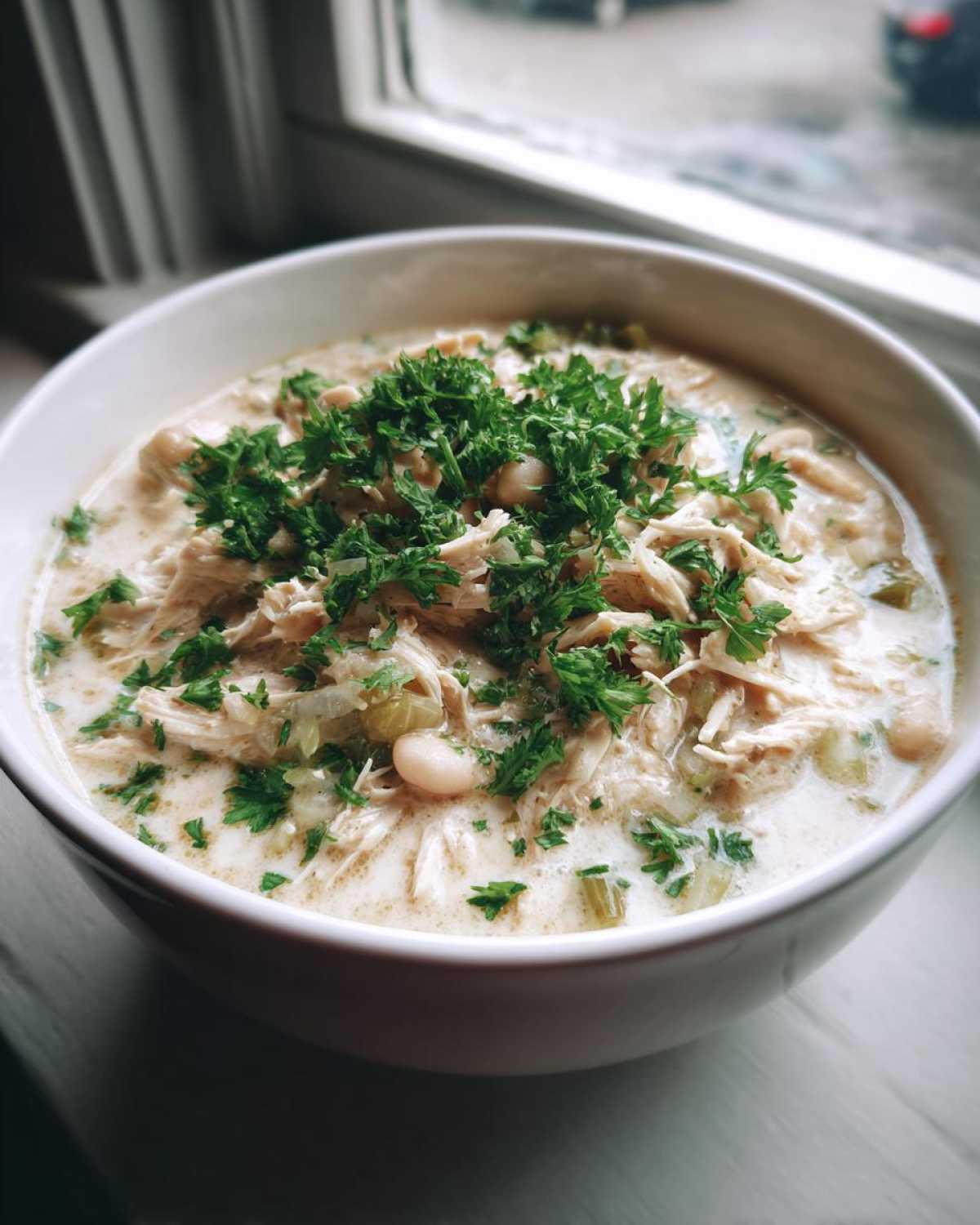 A close-up of a creamy white chicken chili topped generously with fresh chopped parsley in a white bowl.