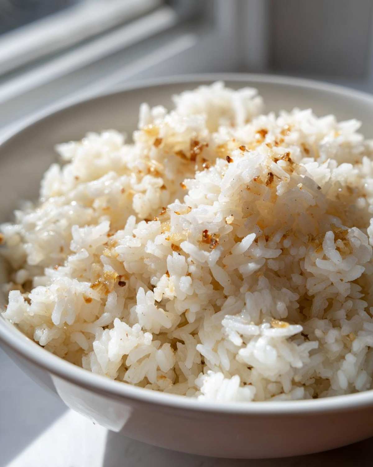 Close-up of fluffy white rice seasoned with browned garlic bits, ready to eat as garlic butter rice.