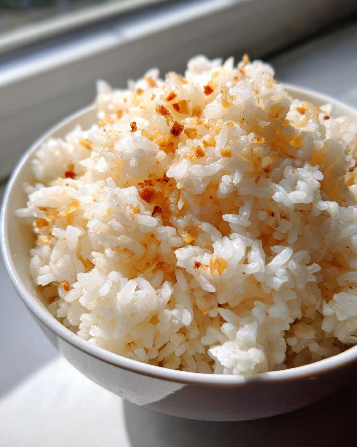 Close-up of fluffy white rice topped with crispy, browned garlic bits, known as butter rice.
