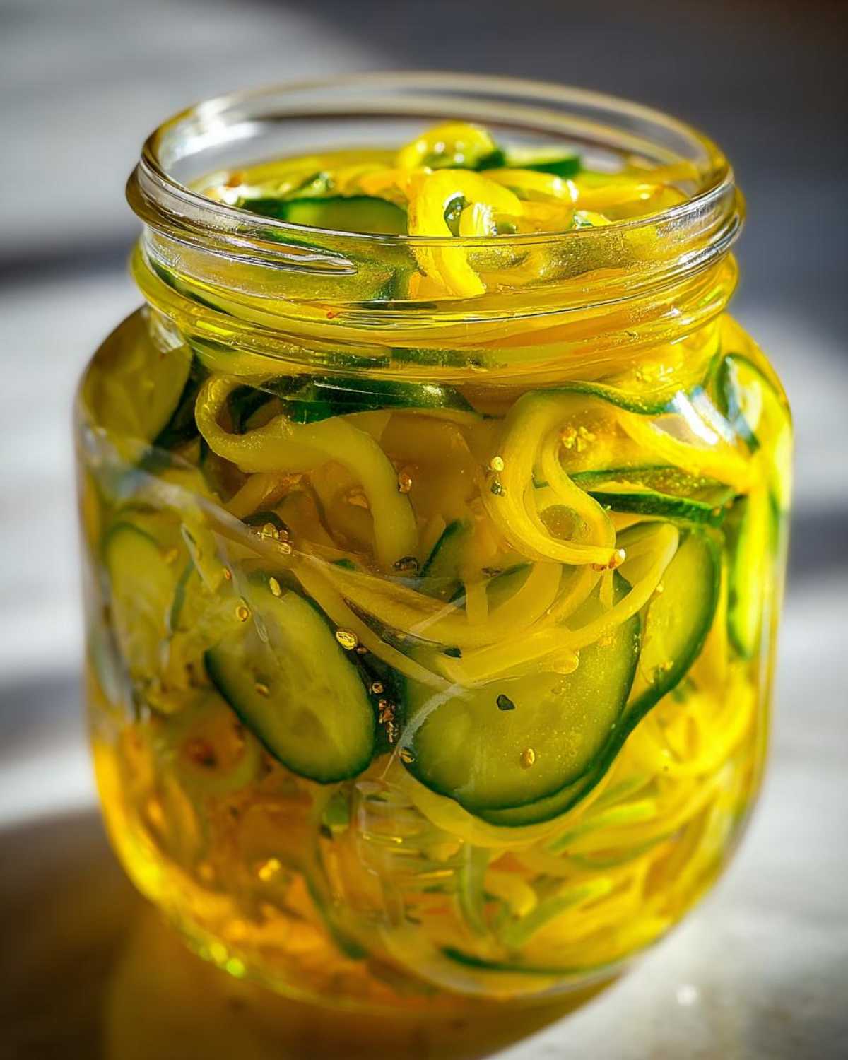 Close-up of a glass jar filled with bright yellow liquid and thinly sliced cucumbers for homemade bread and butter pickle.