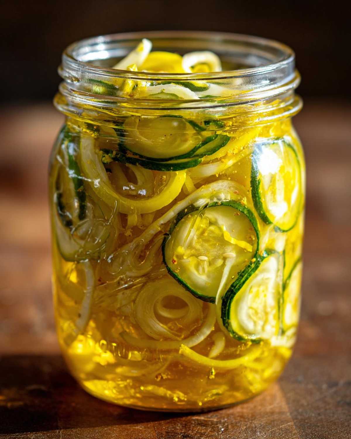 Close-up of a glass jar filled with bright yellow liquid containing sliced zucchini and onions for bread and butter pickle.