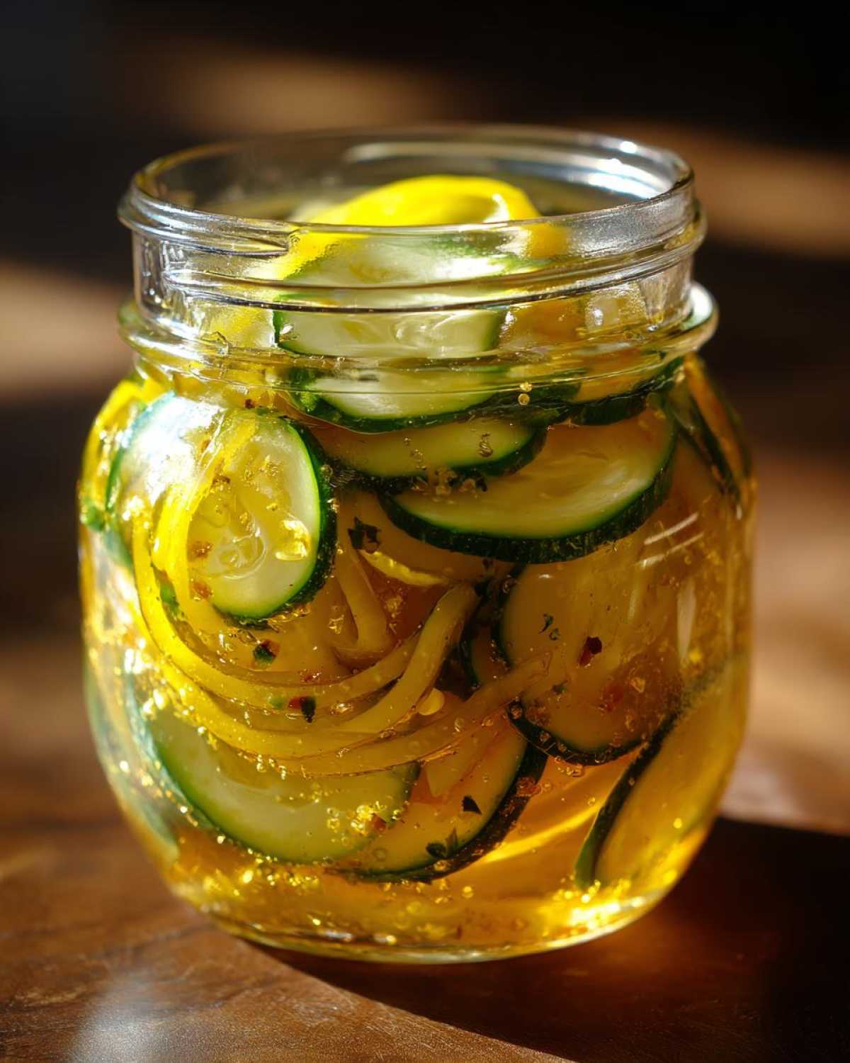 Close-up of a glass jar filled with bright yellow liquid containing sliced zucchini and lemon ribbons, resembling bread and butter pickle.