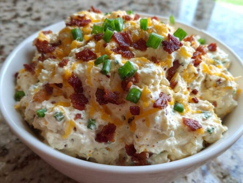 A close-up of a thick, creamy bacon cheddar cream cheese dip topped with crumbled bacon and fresh green onions.