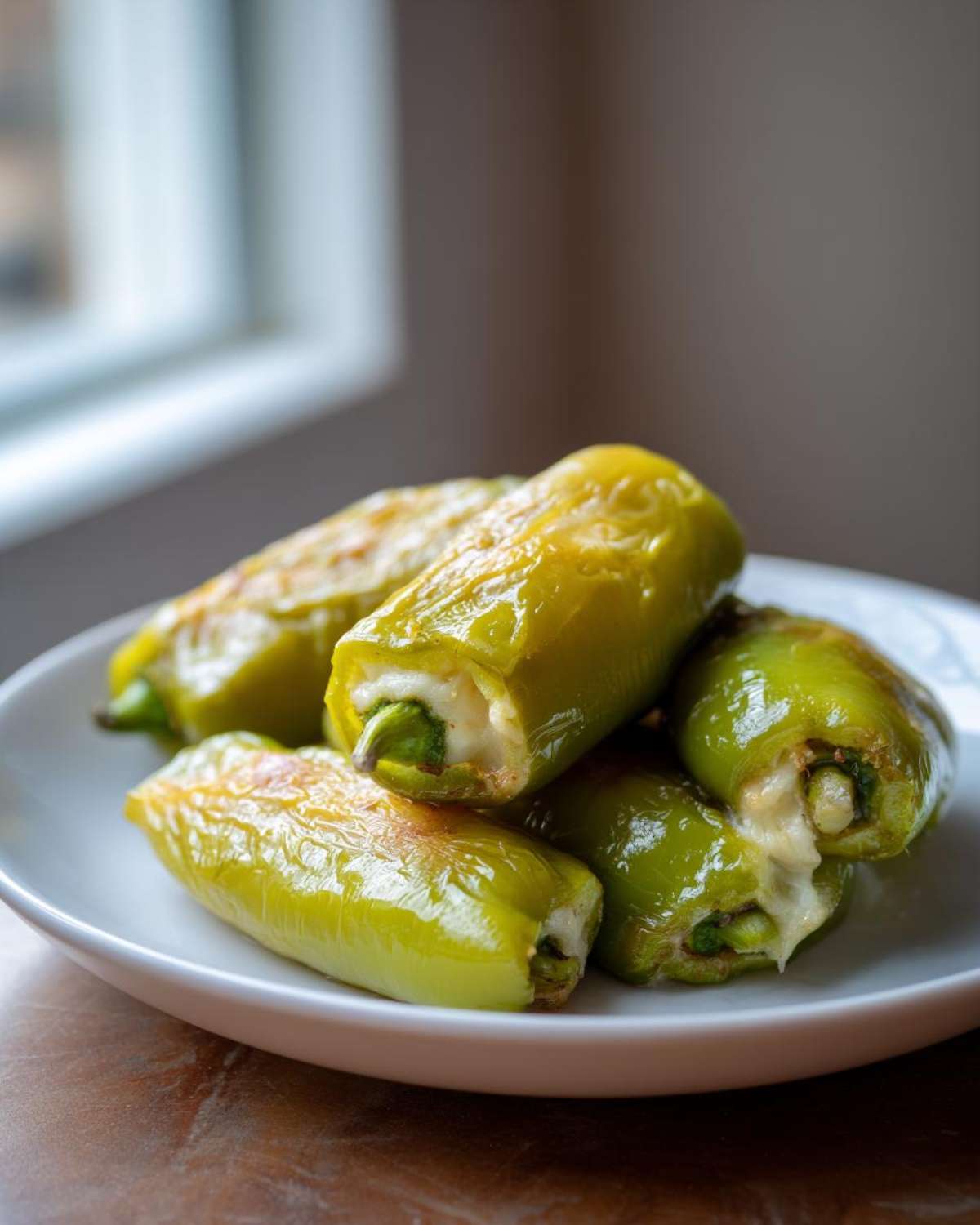 A close-up of several baked, cheese-stuffed banana peppers served on a white plate.