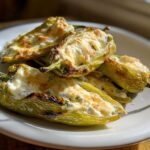 Close-up of four baked, stuffed banana peppers with browned cheese topping served on a white plate.