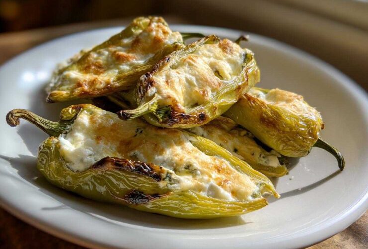 Close-up of four baked, stuffed banana peppers with browned cheese topping served on a white plate.