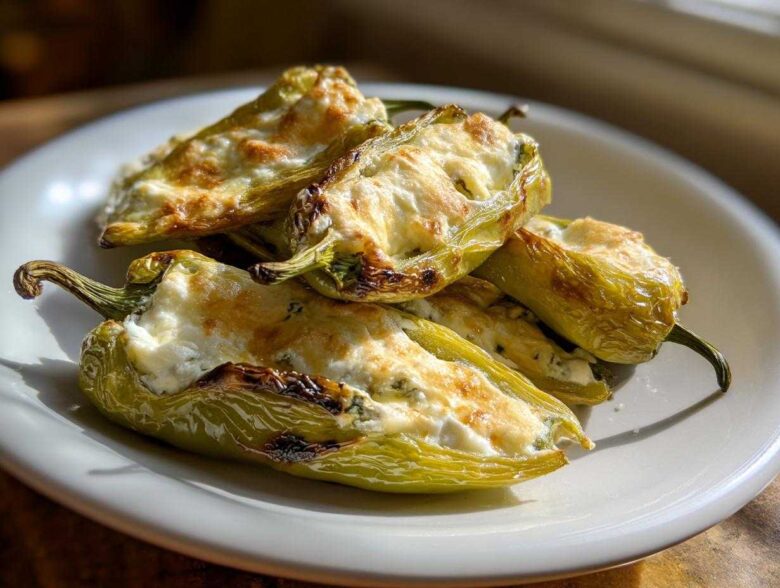 Close-up of four baked, stuffed banana peppers with browned cheese topping served on a white plate.