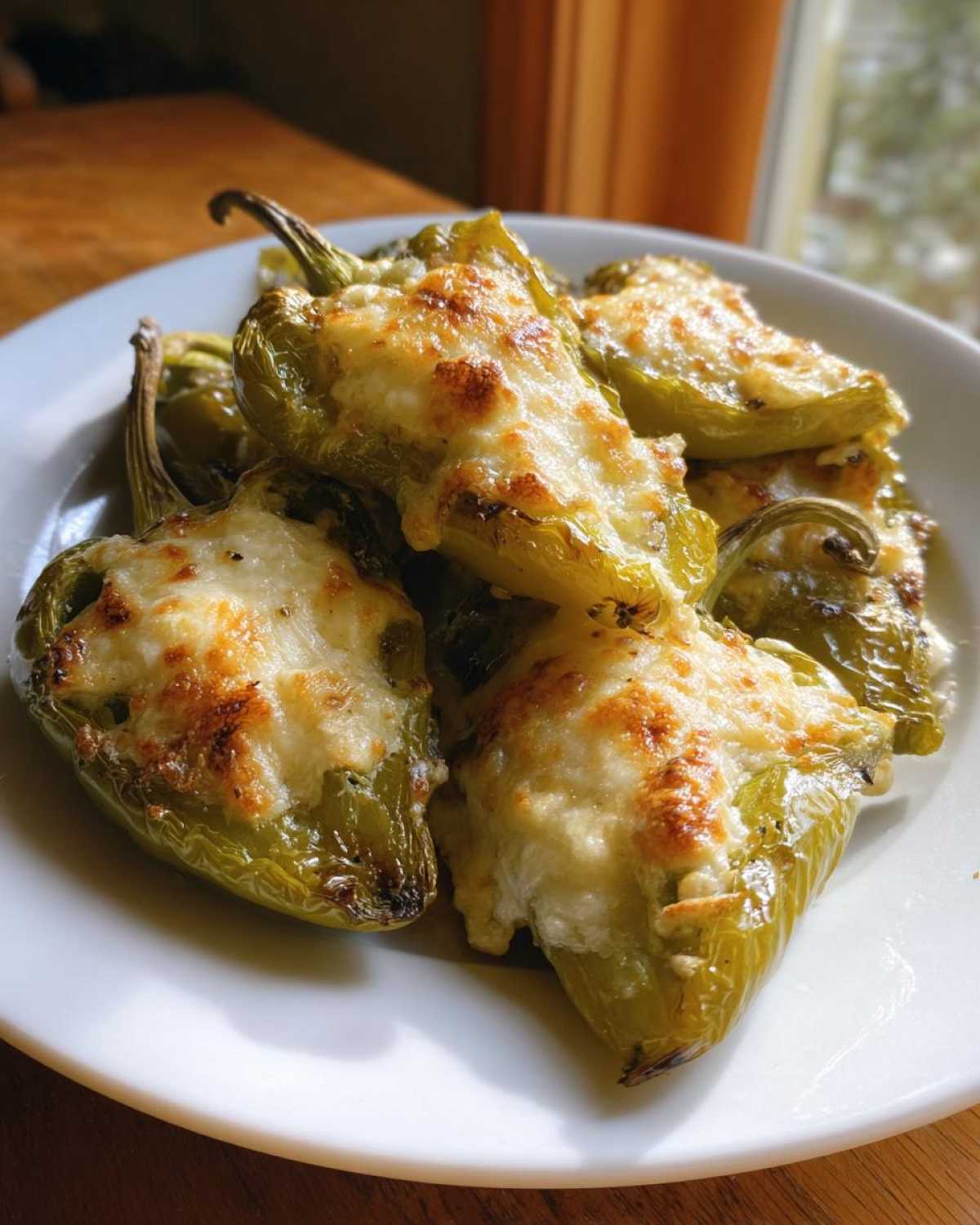 A plate of baked, low carb stuffed banana peppers topped with melted and browned cheese.