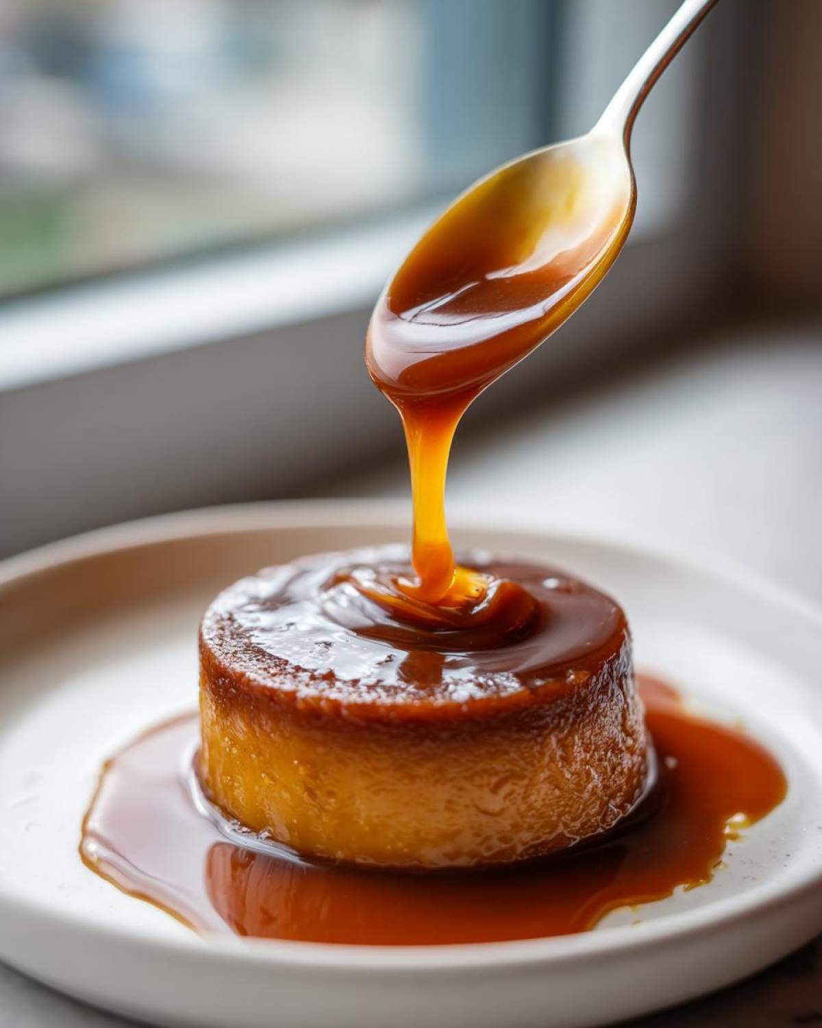 A spoon pours rich, glossy date caramel sauce over a small, round custard dessert.