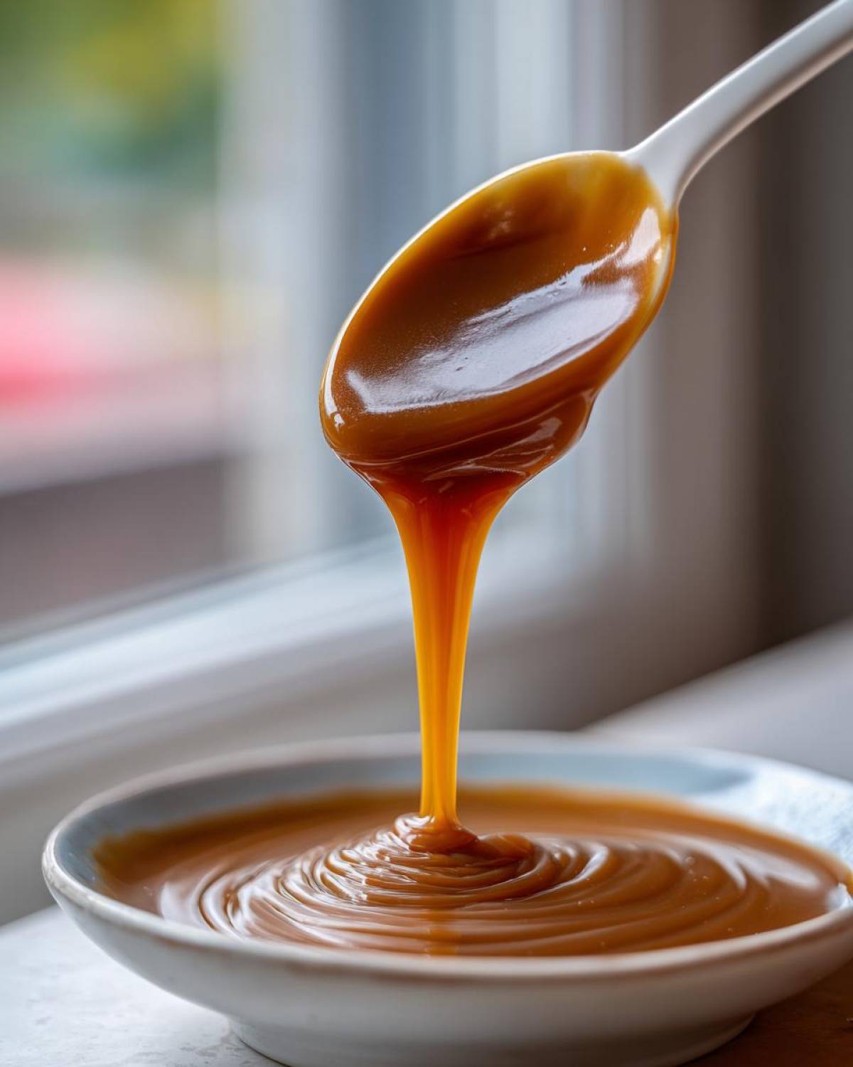 A white spoon dripping thick, glossy date caramel sauce into a small bowl, creating swirls.