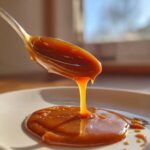 A spoonful of thick, glossy date caramel dripping onto a white plate.
