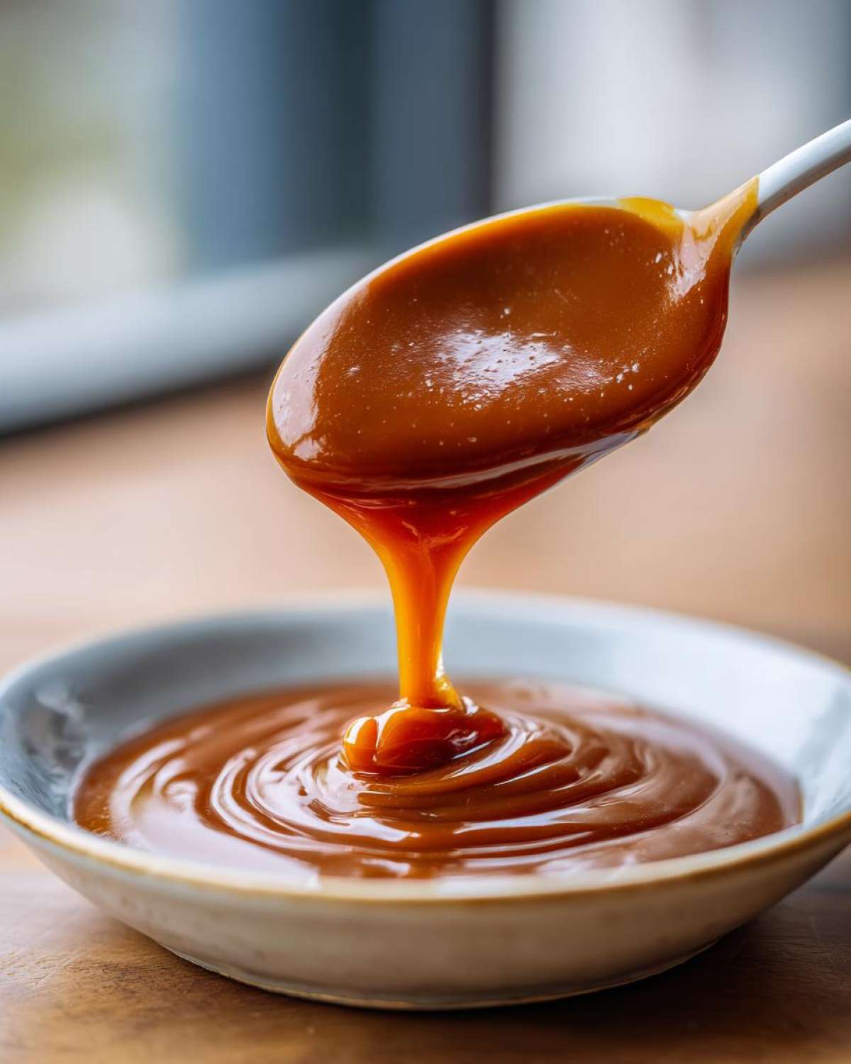 A spoonful of thick, glossy date caramel is being poured into a small bowl, creating swirls in the date caramel below.
