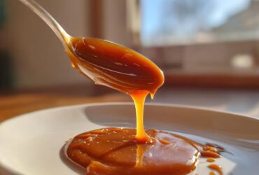 A spoonful of thick, glossy date caramel dripping onto a white plate.