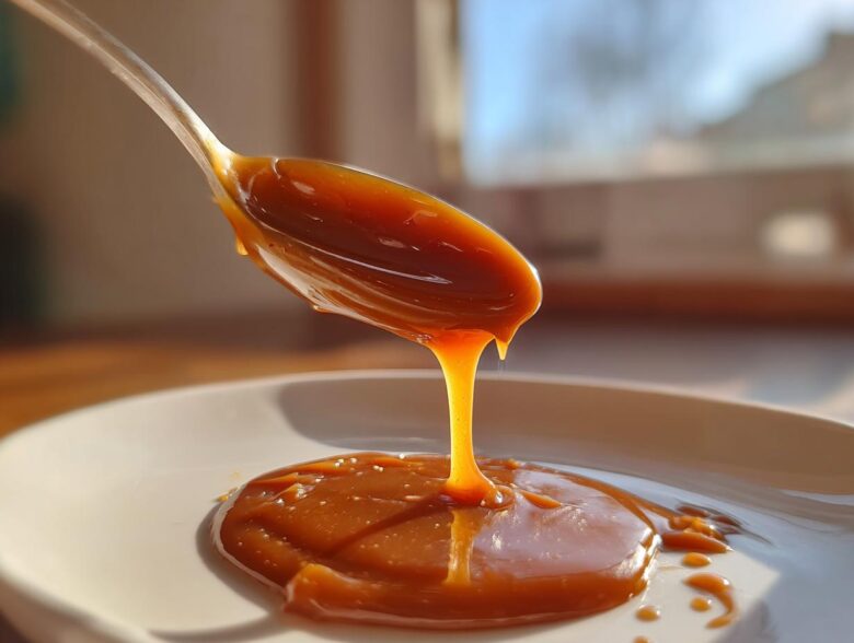 A spoonful of thick, glossy date caramel dripping onto a white plate.