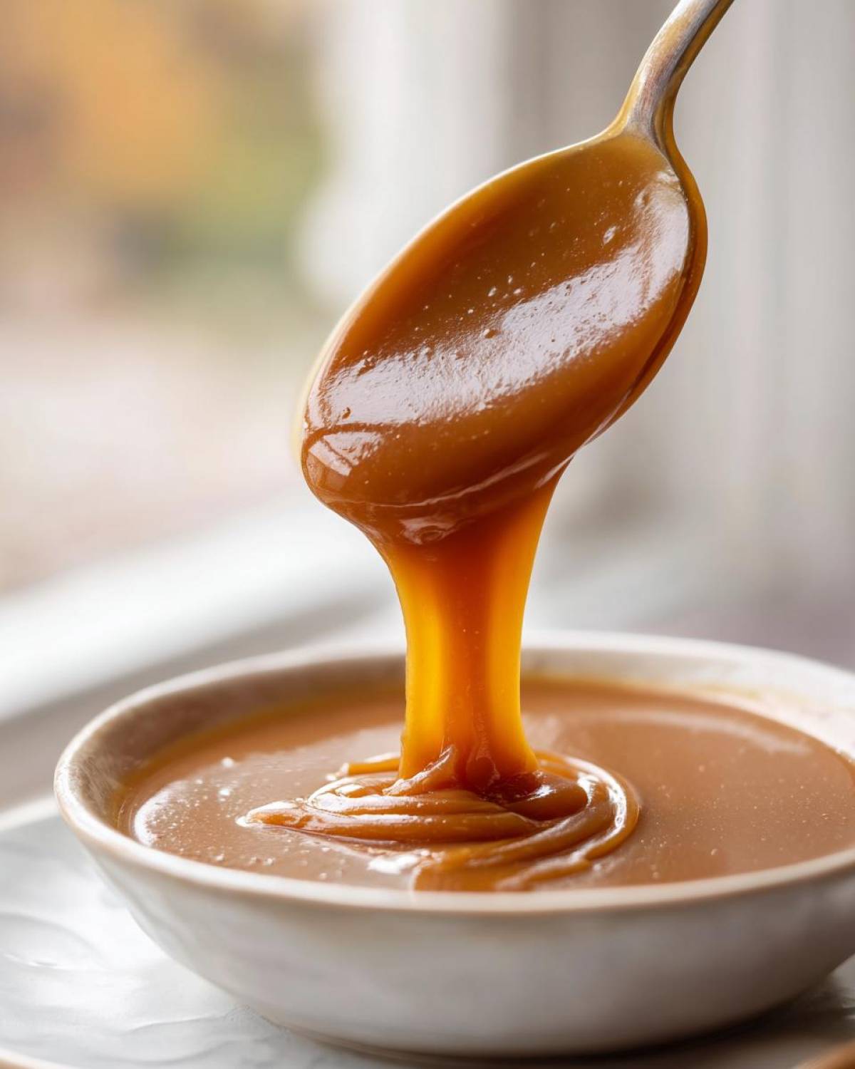 A spoonful of thick, glossy date caramel is being poured back into a small white bowl.