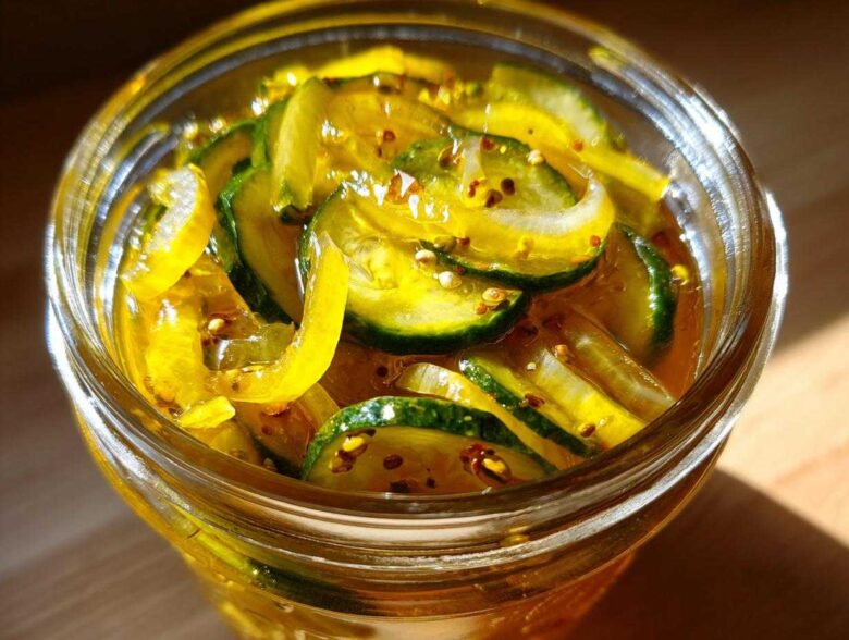 Close-up of thinly sliced cucumbers preserved in a bright yellow brine, making delicious bread and butter pickle.
