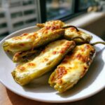 Close-up of baked stuffed banana peppers topped with melted, browned cheese.