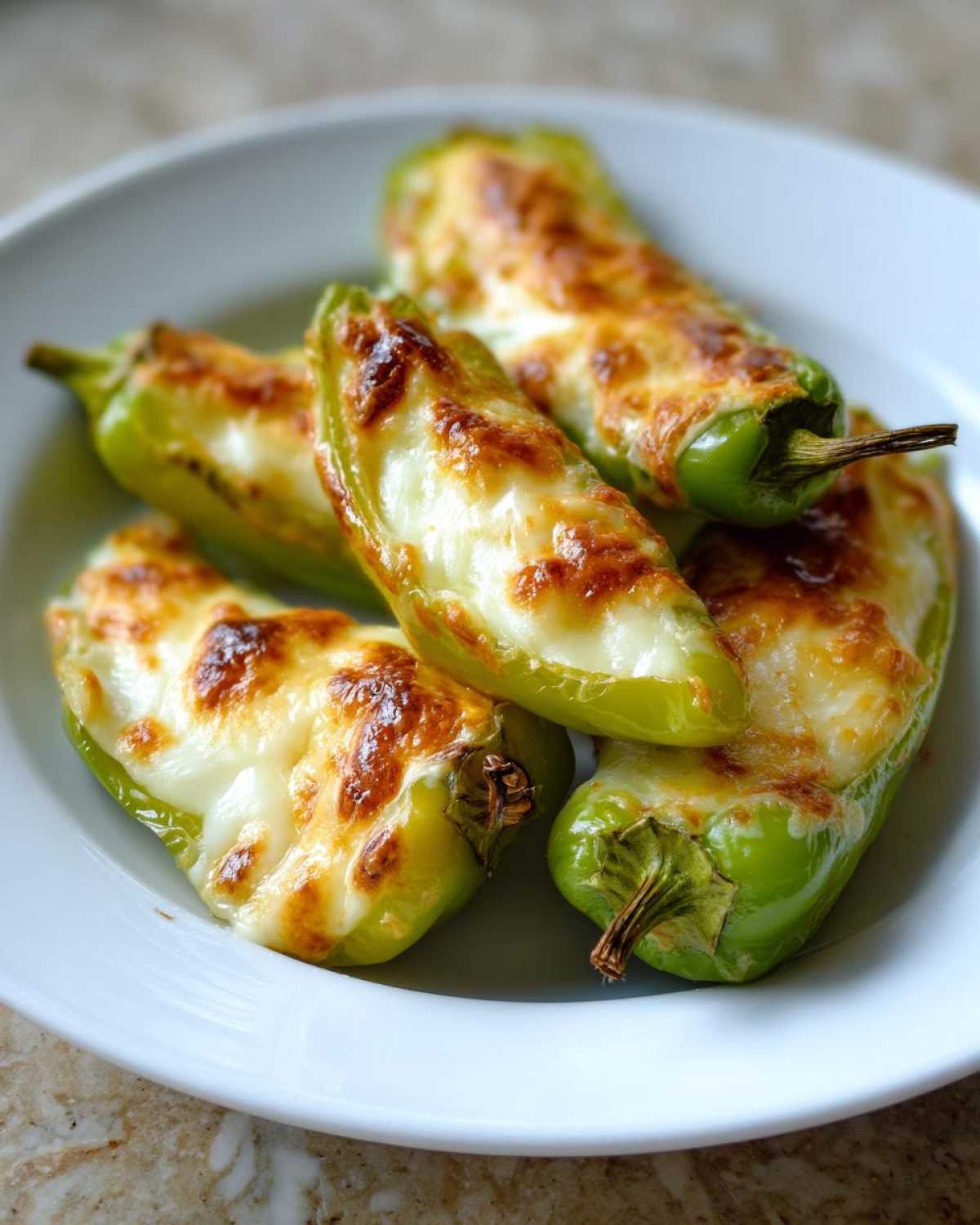 Four baked, halved banana peppers stuffed with melted, browned cheese served on a white plate.