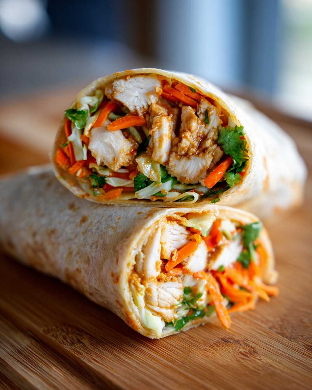 Two halves of a thai peanut chicken wrap stacked, showing chunks of chicken, shredded carrots, and cabbage.