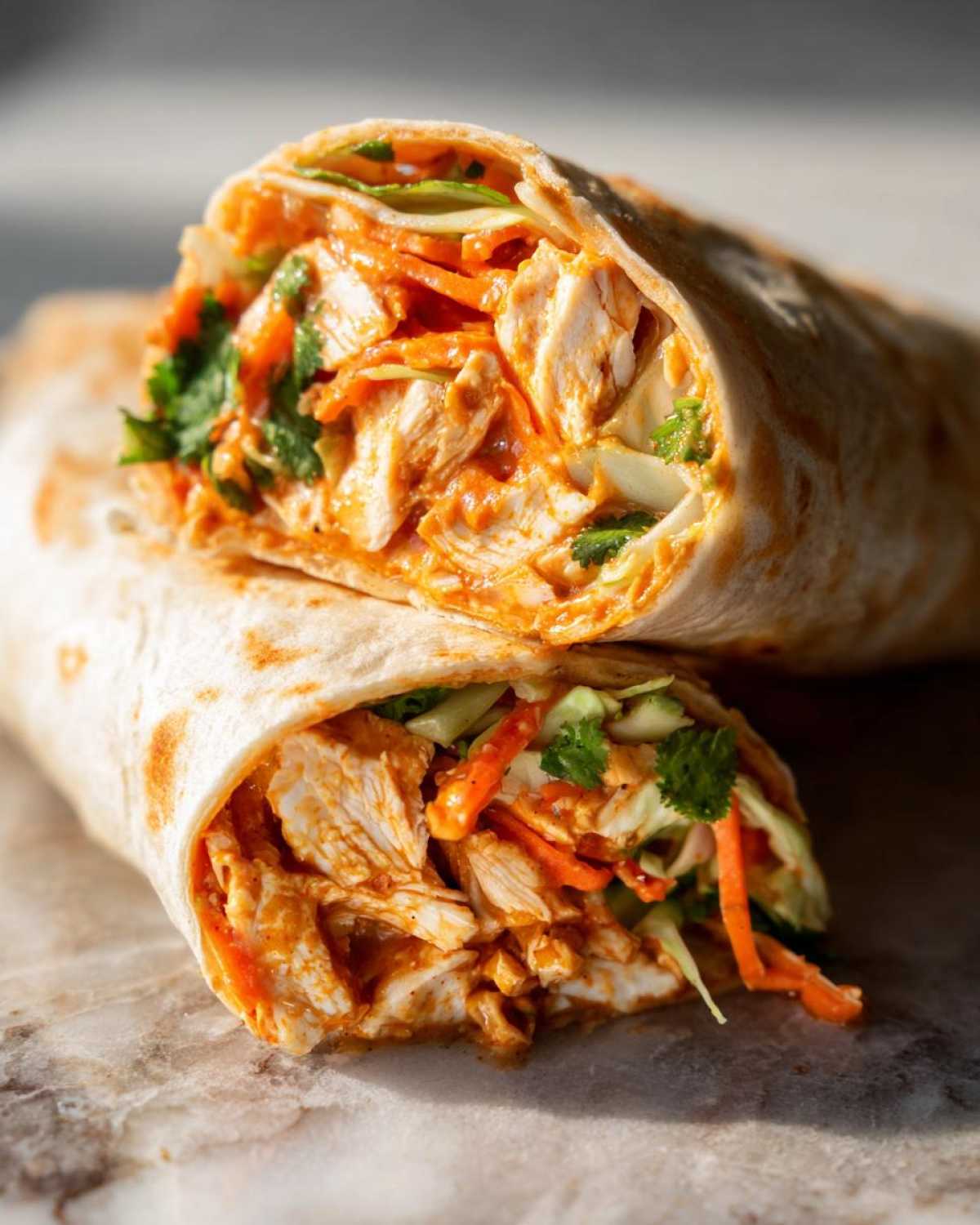 Close-up of a thai peanut chicken wrap cut in half, showing shredded chicken, carrots, and cilantro in a peanut sauce.