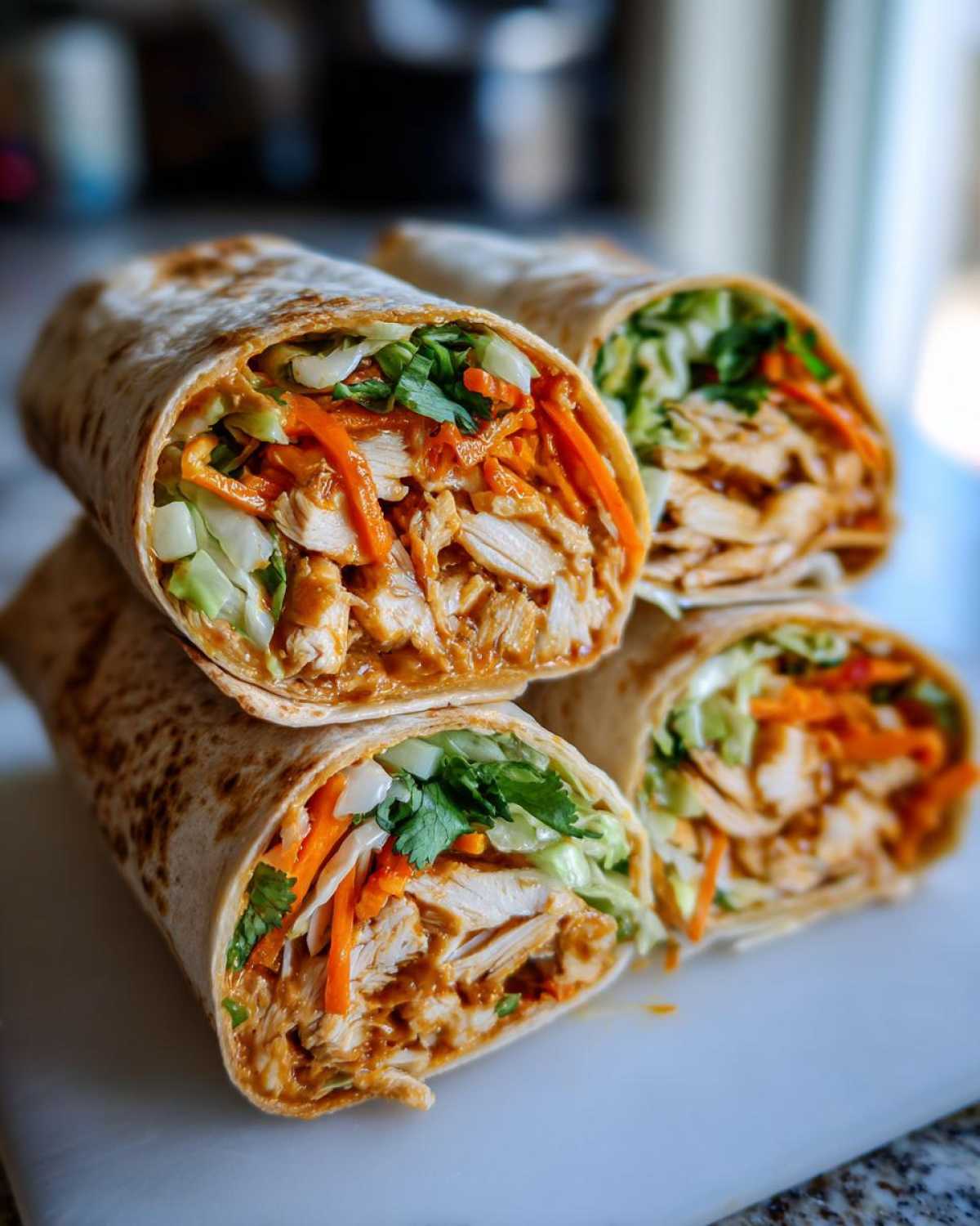 Four halves of a thai peanut chicken wrap stacked, showing shredded chicken, carrots, and cabbage coated in peanut sauce.