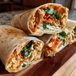 Four halves of a thai peanut chicken wrap stacked on a wooden board, showing shredded chicken, carrots, and cilantro.