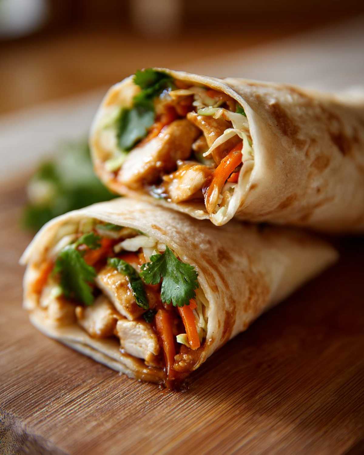 Two halves of a delicious thai peanut chicken wrap filled with chicken, shredded carrots, cabbage, and cilantro.