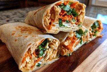 Four halves of a thai peanut chicken wrap stacked on a wooden board, showing shredded chicken, carrots, and cilantro.
