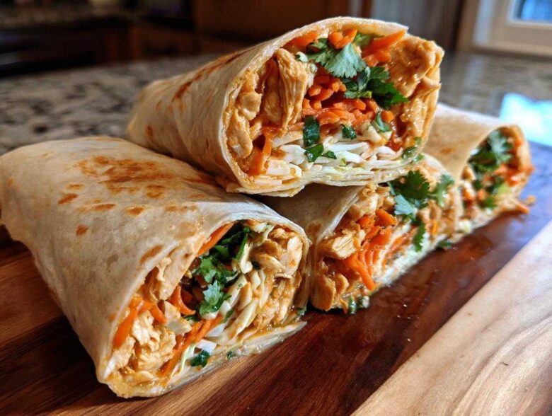 Four halves of a thai peanut chicken wrap stacked on a wooden board, showing shredded chicken, carrots, and cilantro.