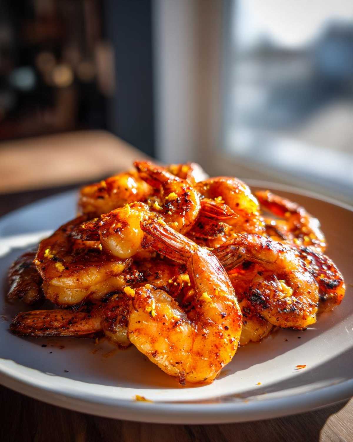 A close-up of juicy Adobo Grilled Shrimp with Citrus piled on a white plate, glistening under natural light.