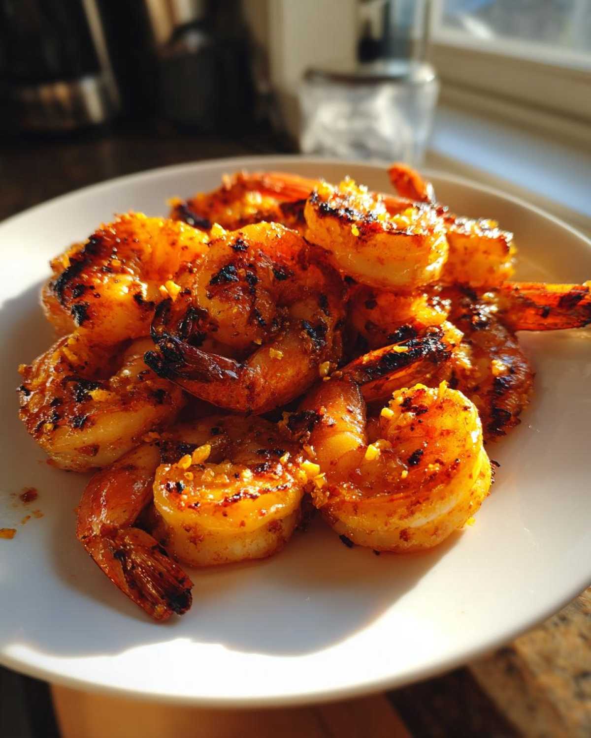 Close-up of perfectly grilled Adobo Grilled Shrimp with Citrus piled on a white plate, showing char marks and citrus zest.
