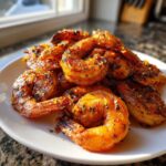 A pile of juicy Adobo Grilled Shrimp with Citrus, seasoned with dark spices and bright zest, served on a white plate.