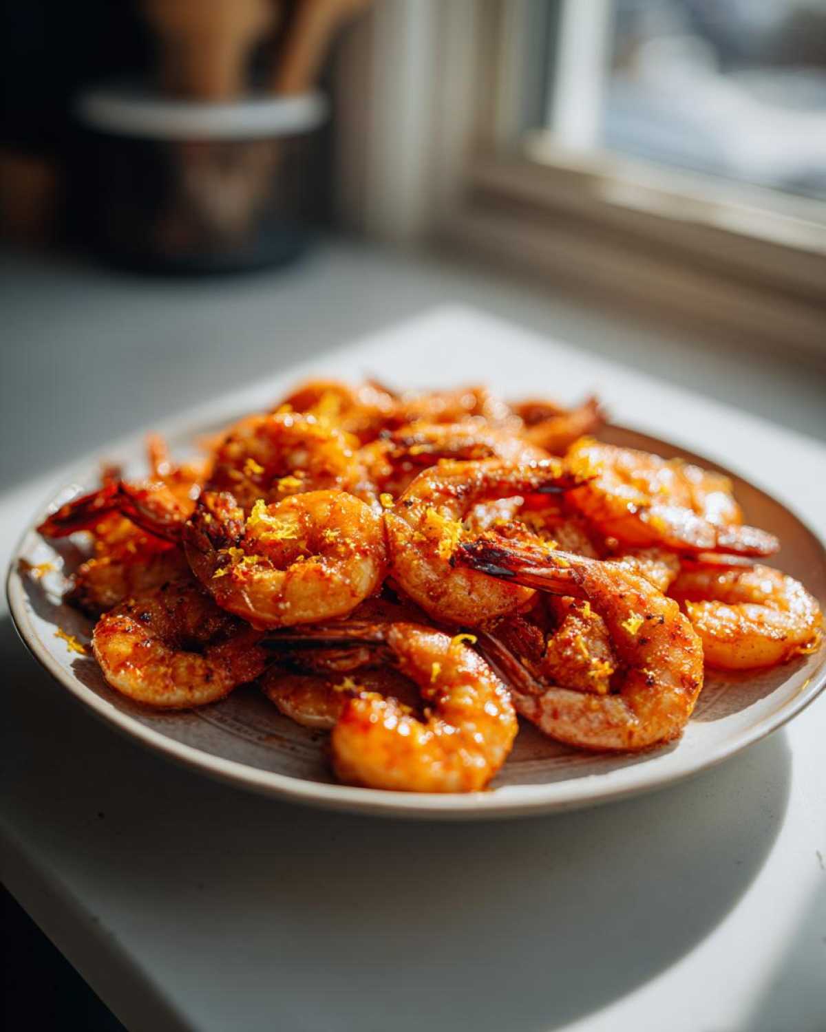 A plate piled high with glistening Adobo Grilled Shrimp with Citrus, topped with bright orange zest.