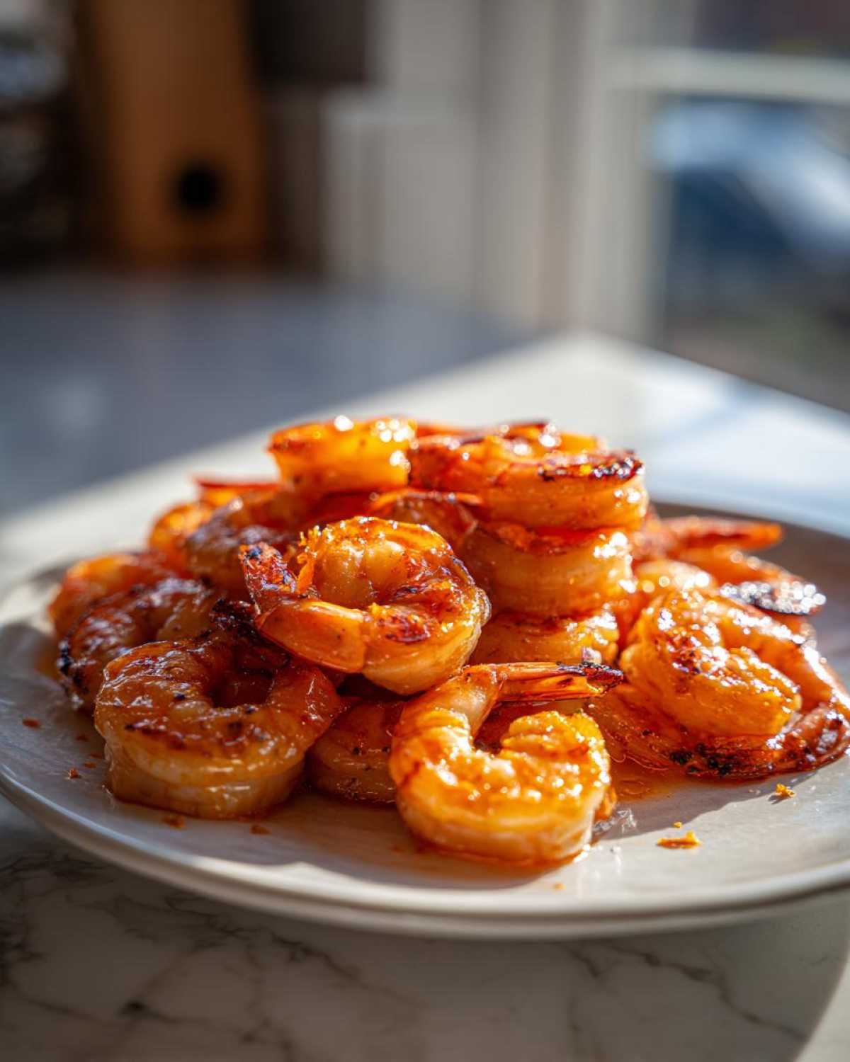 A close-up of perfectly cooked Adobo Grilled Shrimp with Citrus piled on a white plate, glistening under natural light.