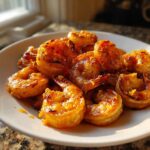 A white plate piled high with glistening Adobo Grilled Shrimp with Citrus, catching the sunlight.
