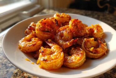 A white plate piled high with glistening Adobo Grilled Shrimp with Citrus, catching the sunlight.