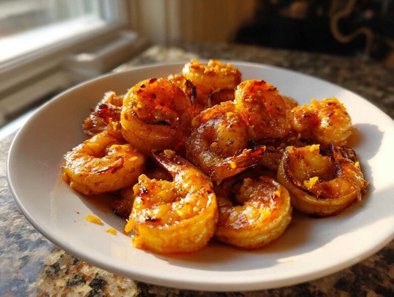 A white plate piled high with glistening Adobo Grilled Shrimp with Citrus, catching the sunlight.
