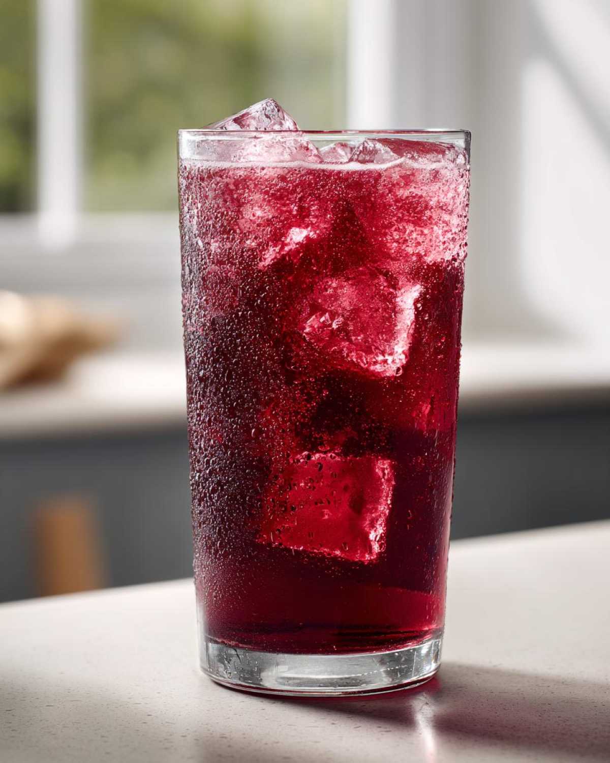 A tall, sweating glass filled with vibrant red Agua Fresca de Jamaica Hibiscus and ice cubes.