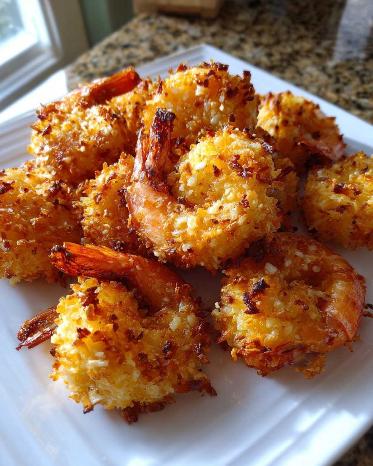 A pile of golden brown, crispy Air-Fryer Coconut Shrimp served on a white rectangular plate.