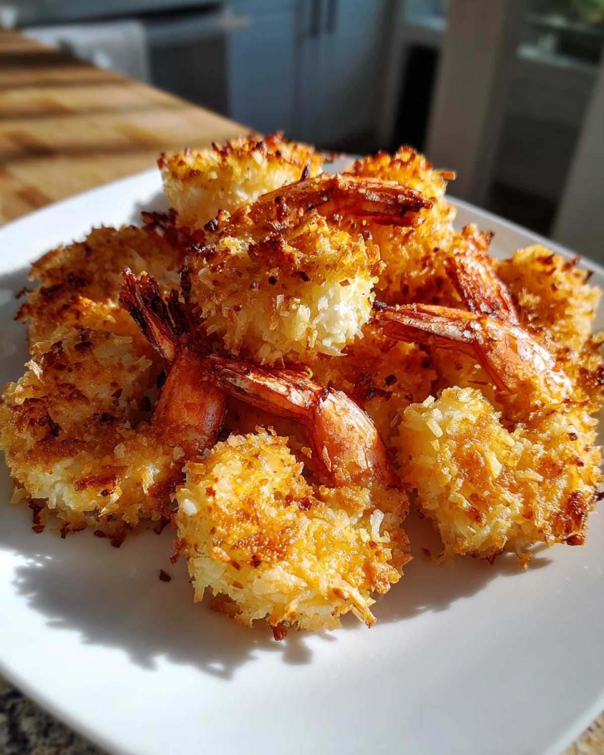 A pile of perfectly golden brown Air-Fryer Coconut Shrimp with tails on, served on a white plate under bright sunlight.