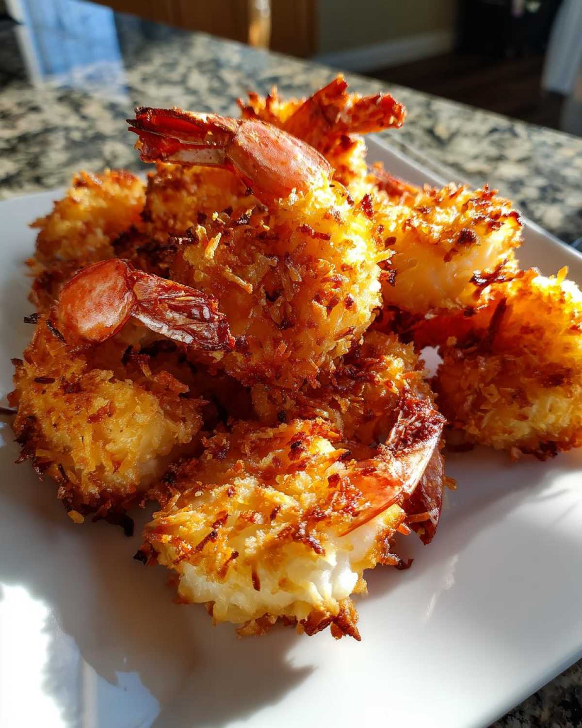 A close-up of golden brown, crispy Air-Fryer Coconut Shrimp piled on a white plate, catching bright sunlight.