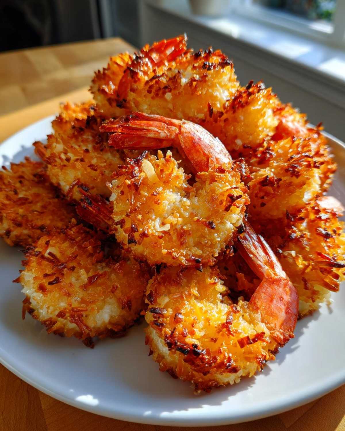 A pile of golden brown, crispy Air-Fryer Coconut Shrimp with tails on, served on a white plate.