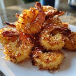 A close-up of a pile of golden brown, crispy Air-Fryer Coconut Shrimp served on a white rectangular plate.