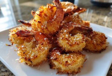 A close-up of a pile of golden brown, crispy Air-Fryer Coconut Shrimp served on a white rectangular plate.